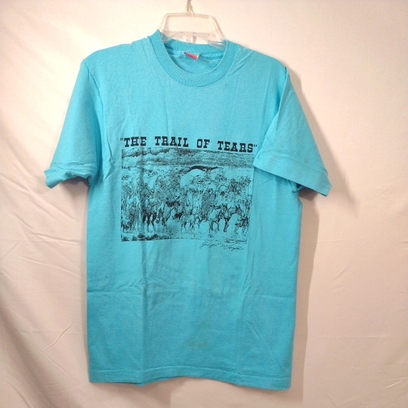 Vintage Single Stitch 1980 - Blue Short Sleeve " The Trail Of Tears" T-shirt - L - Picture 1 of 12